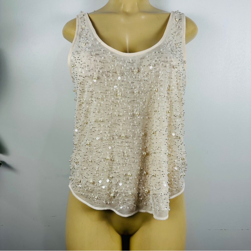 H&M Beaded Chiffon Tank Top Sz M Pearl Sequins Nude Sleeveless Shirt